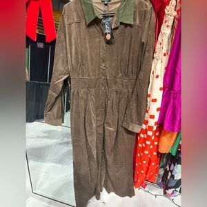 NWT Two Tone Brown & Green Corduroy Jumpsuit. Available in S, M, L.